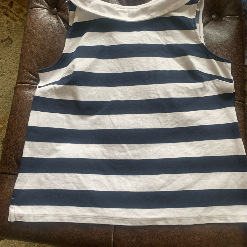 Talbots petite boat neck top with collar in navy stripe.